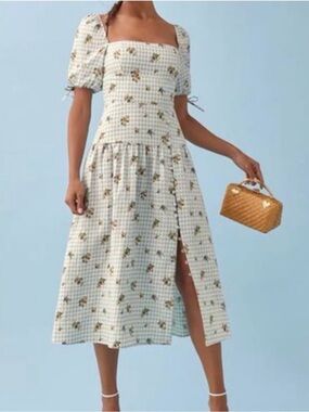 Reformation melony linen Square-Neck Puff Sleeve Floral Midi Dress in Cream